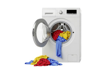 Front loading washing machine with open door and colorful clothes inside isolated on transparent background, laundry appliance for household chores