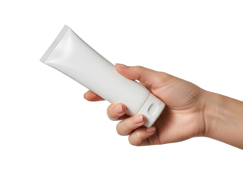 Hand holding white cosmetic tube isolated on transparent background, blank plastic container for cream, lotion, gel, shampoo, or other product