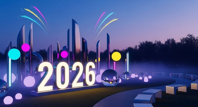 Futuristic cityscape with glowing numbers '2026' and abstract light installations, evoking a sense of innovation and forward-looking progress in a modern metropolis