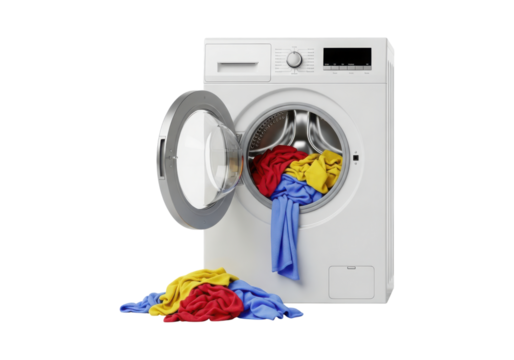 Front loading washing machine with open door and colorful clothes inside isolated on transparent background, laundry appliance for household chores - Powered by Adobe