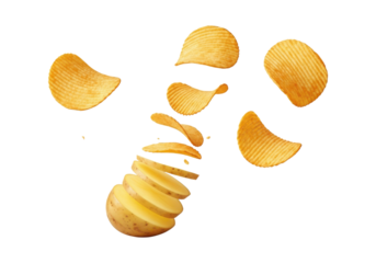 Delicious potato chips flying around a sliced potato, isolated on transparent background a tasty snack, perfect for satisfying your cravings 