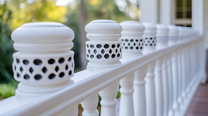 White porch railing detail with outdoor setting.