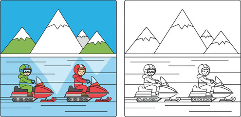 Coloring book page of two happy kids riding snowmobiles in a winter mountain landscape. Vector illustration of children winter sport with colored preview and black and white outline.