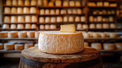 Wheel of cheese on wooden barrel.
