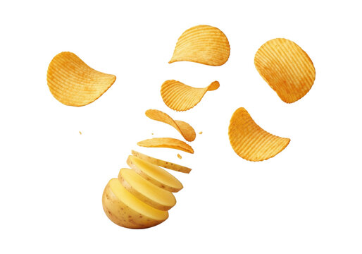 Delicious potato chips flying around a sliced potato, isolated on transparent background a tasty snack, perfect for satisfying your cravings 