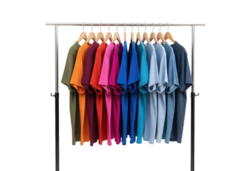 Colorful tshirts hanging on a rack, isolated on transparent background a vibrant collection of casual wear for every style and occasion