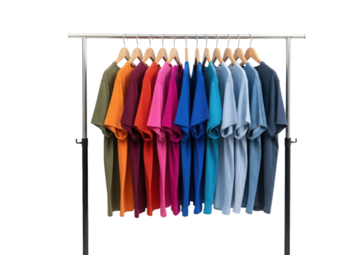 Colorful tshirts hanging on a rack, isolated on transparent background a vibrant collection of casual wear for every style and occasion