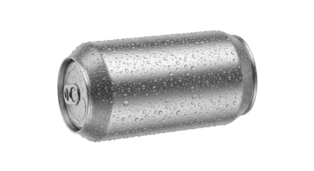 Closeup of a sleek aluminum can with water droplets, isolated on transparent background, perfect for showcasing beverage packaging and condensation effects