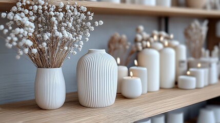 White vase with flowers and candles.