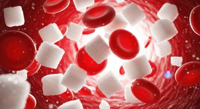 Sugar cubes and red blood cells floating in a blood vessel