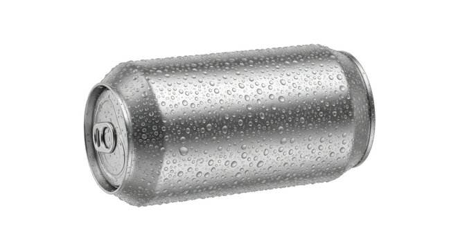 Closeup of a sleek aluminum can with water droplets, isolated on transparent background, perfect for showcasing beverage packaging and condensation effects