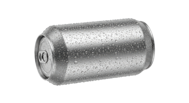 Closeup of a sleek aluminum can with water droplets, isolated on transparent background, perfect for showcasing beverage packaging and condensation effects