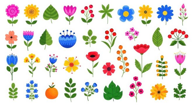 Collection of diverse colorful flat design floral elements set