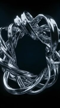 Complex geometric animation featuring shiny silver metallic ribbons weaving and twisting into elaborate continuous abstract curved structures chrome, shiny silver metallic ribbons, intricate