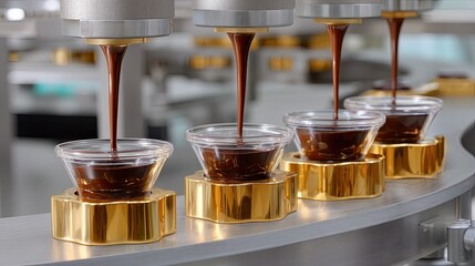 High-Quality Chocolate Pouring Process in Modern Factory with Glass Containers and Golden Holders Capturing the Art of Confectionery Production
