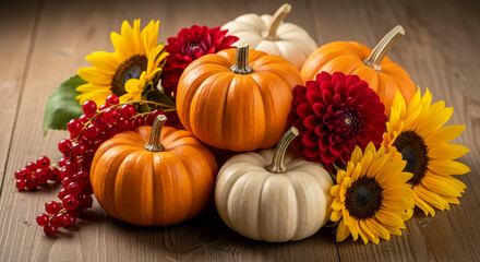Collection of orange and white pumpkin, yellow sunflower, red dahlia, and redcurrant on wood. Autumn harvest and seasonal festive arrangement