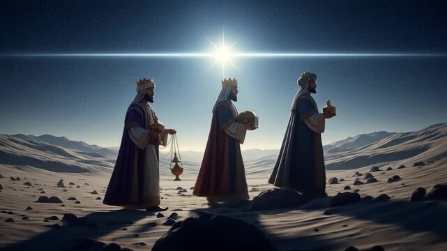 Three wise men or kings walking across a snowy landscape carrying gifts under the bright sun and a starry sky