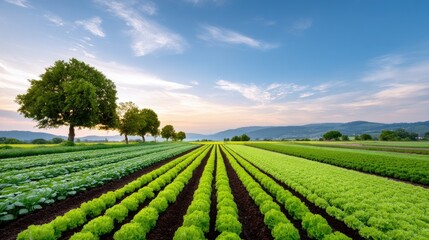 Fototapeta premium Vibrant Agricultural Landscape with Rows of Growing Vegetables Under a Blue Sky and Beautiful Clouds at Sunrise in Rural Setting