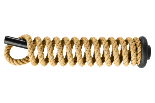 Thick natural fiber rope coiled around a bar for fitness training on a transparent background