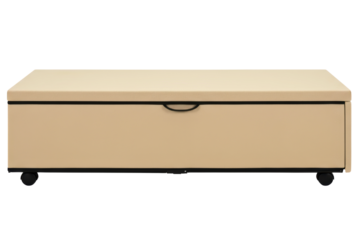Beige underbed storage drawer with wheels for home organization on a transparent background