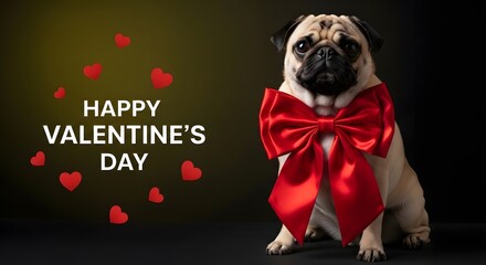 Pug with red bow for valentines day celebration on dark background