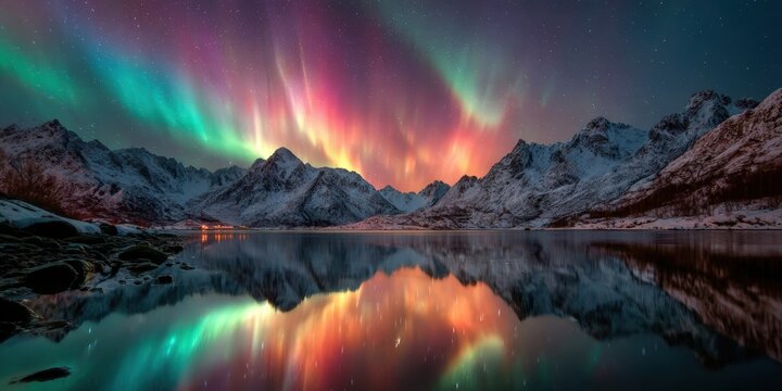 Vivid aurora borealis paints the sky over snow-capped mountains and calm water - Powered by Adobe