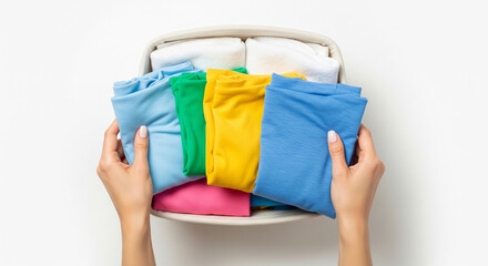 Hands sorting colorful clothes inside a laundry basket, shot from a top-down angle on a bright white background with clean minimal lighting.
