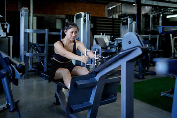 Muscular female athlete performing seated cable row exercise, targeting back muscles with concentrated effort and strength in fitness center environment