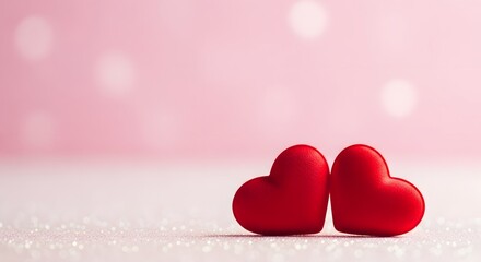 Two red heart shaped candies on a pink background