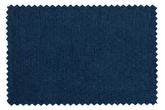 Dark blue denim fabric sample with zigzag edges for texture on a transparent background