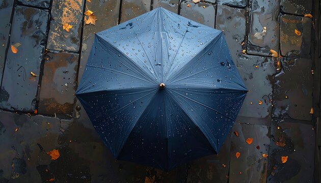 Overhead shot of a dark blue, octagonal umbrella on wet, gray paving stones scattered with fallen leaves after a rain shower - Powered by Adobe