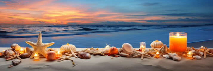 Warm candlelight glows among starfish and shells on sandy shore as ocean waves meet horizon under vibrant sunset sky.
