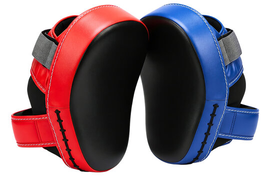 Pair of red and blue boxing punch mitts for training on a transparent background