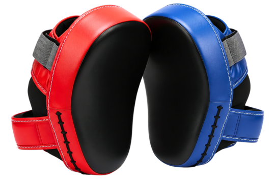 Pair of red and blue boxing punch mitts for training on a transparent background - Powered by Adobe