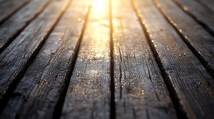 Wooden deck with light reflecting on surface.