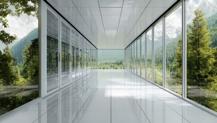 Modern server room with panoramic windows overlooking a lush, green mountain landscape