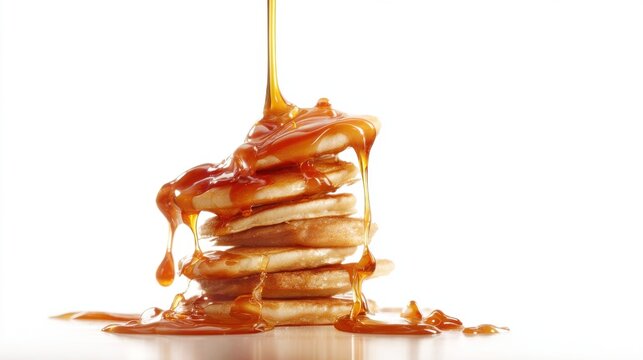 Maple syrup pouring over stacked pancakes on white background isolated