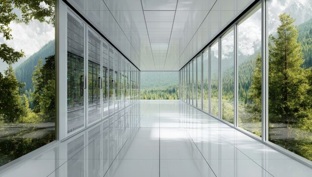 Modern server room with panoramic windows overlooking a lush, green mountain landscape