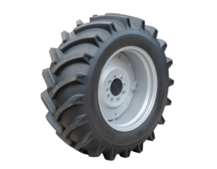 Large rugged tractor tire with deep tread, isolated for agriculture, machinery, farming, heavy equipment, or spare part design. Transparent background, png.