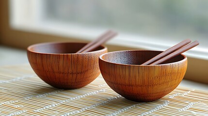 Wooden bowls with chopsticks with dining setup.