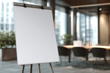 Blank easel in blurred modern meeting room with plants