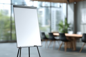An empty easel stands in a blurred modern office meeting room