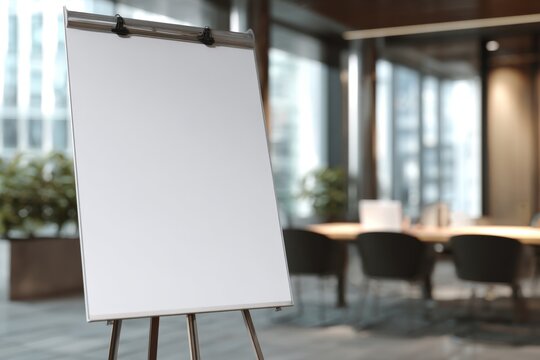 Blank easel in blurred modern meeting room with plants