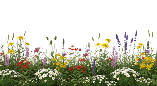 Diverse array of colorful wildflowers and green grasses in a dense border arrangement isolated on a transparent background