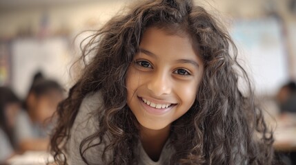 Fototapeta premium In a classroom setting, a focused girl with curly hair leans forward, engaged in her studies while classmates work diligently in the background. The scene highlights the girl’s con