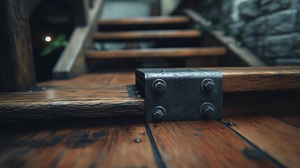 Wooden stairs detail with construction, and close up.
