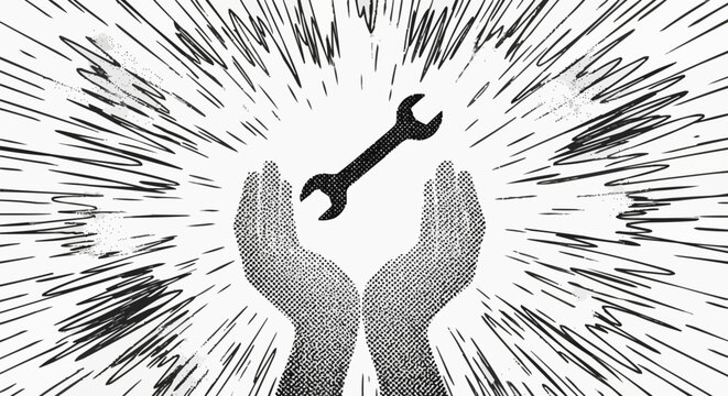 Hands holding a wrench with radiating lines in a black and white illustration.