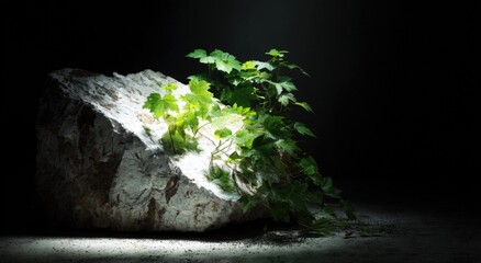 A plant grows from a rock, illuminated by a spotlight against darkness