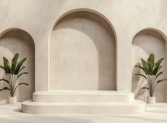 Minimalist Interior with Arched Niches and Green Plants Display