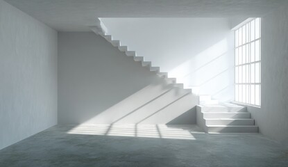 Bright, minimalist room with stark white staircase and window light